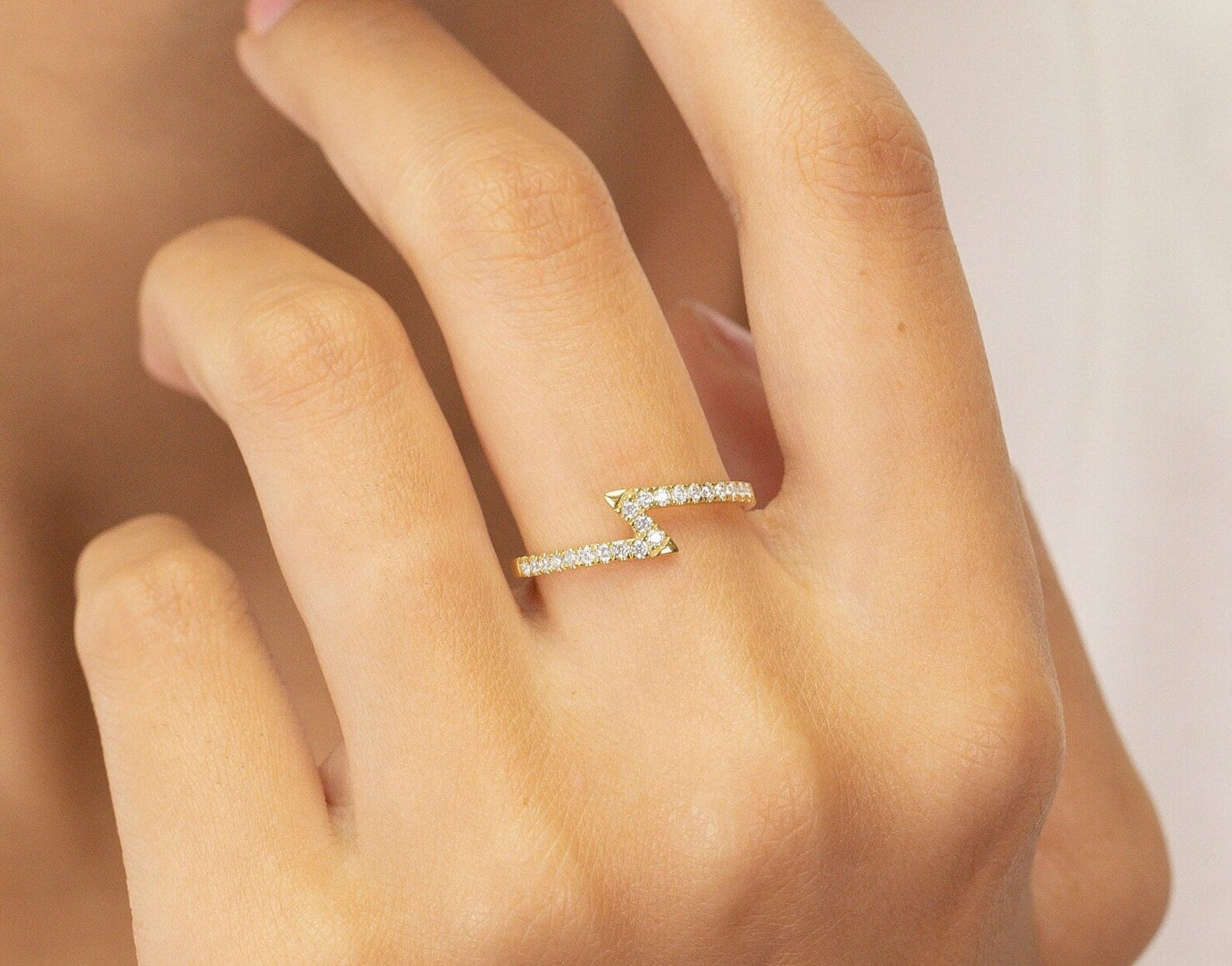 Lightning Bolt Moissanite Wedding Ring, Thin Stackable Rings, Lightning band, Minimalist Ring, Weather Jewelry